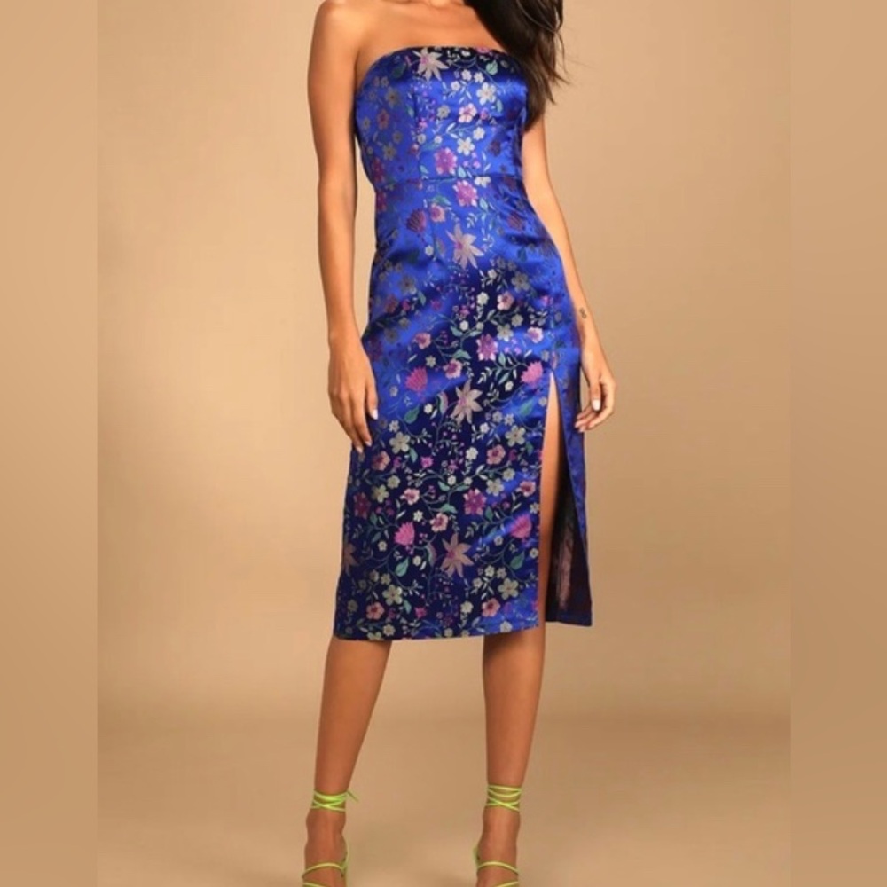 Lulu’s Make a Move Blue Floral Satin Jacquard Strapless Midi Dress XL